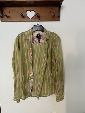 Ganesh Olive Green and Pink Striped Casual Button-Down Shirt
